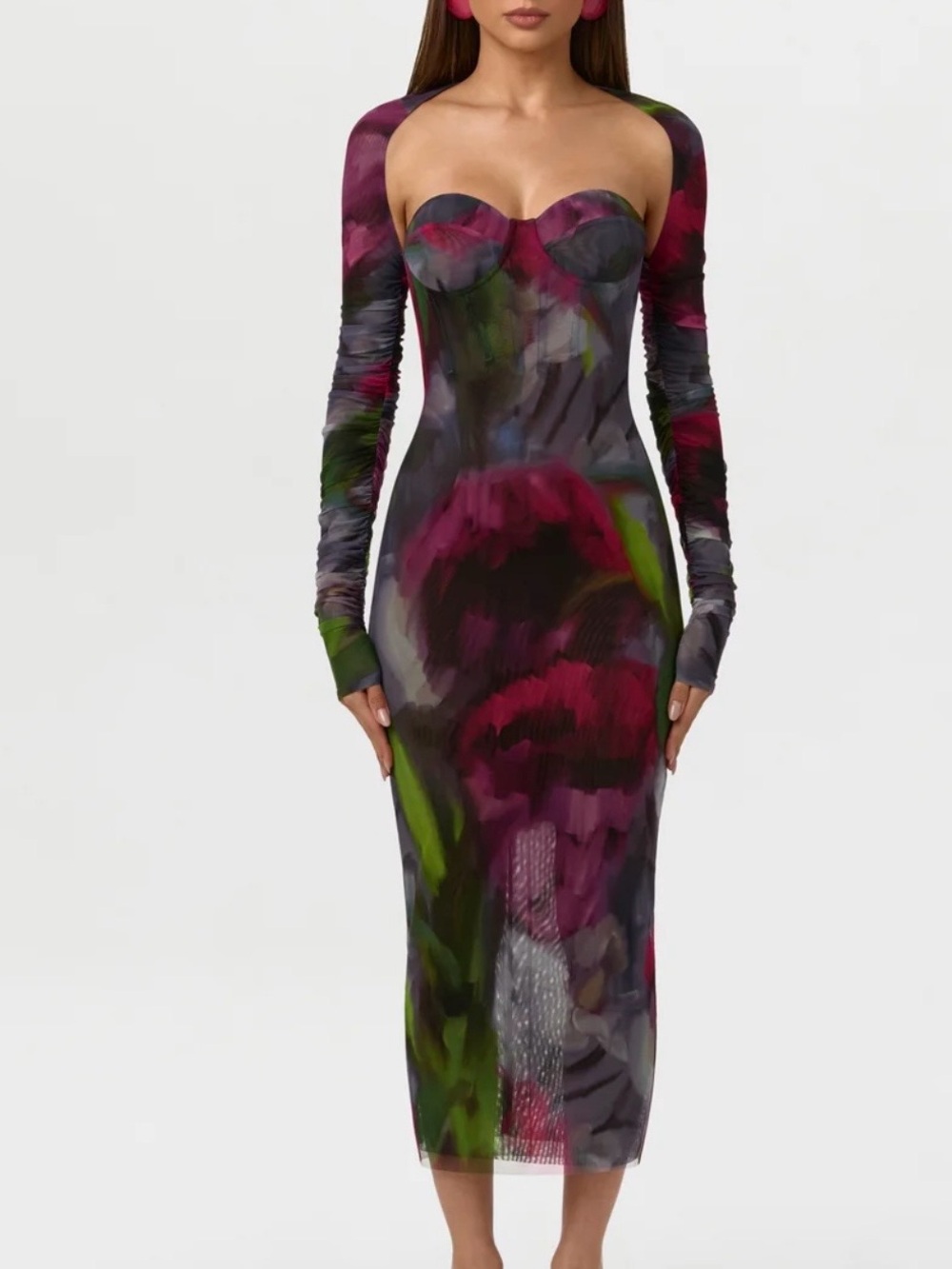 naked wardrobe Berry Floral Off-Shoulder Long Sleeve Bodycon Dress